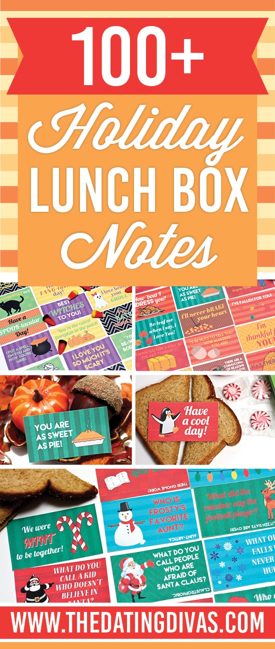 Free printable lunch box jokes and notes for everyone's favorite holidays. Grab cute and fun Halloween jokes, Thanksgiving jokes and Christmas jokes for kids and adults and fill your family's lunch box with creative ideas! #datingdivas #freeprintablelunchnotes #lunchboxjokes #christmasjokes #halloweenjokes #thanksgivingjokes