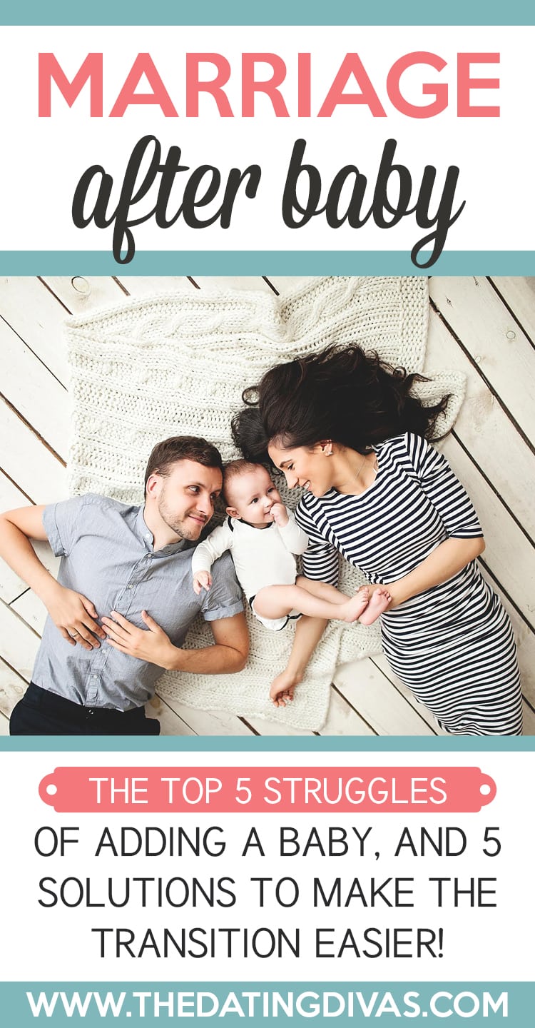 Banner for marriage after baby with a mom and dad and newborn laying down