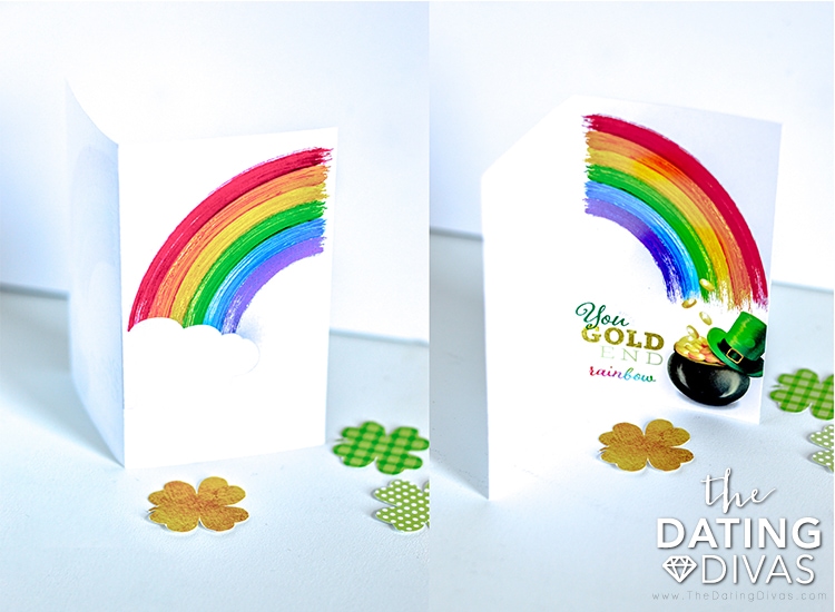 st patricks day card with a rainbow and pot of gold