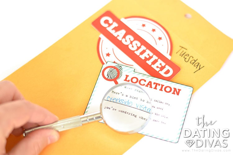 Location Mystery Spy Date Clue Card and Envelope