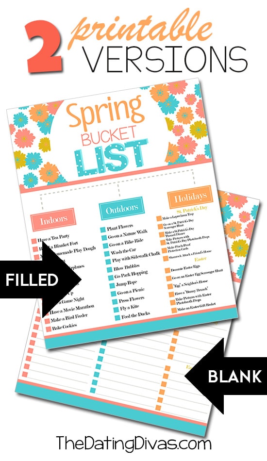 Printable Bucket List from The Dating Divas. TWO Versions Included.