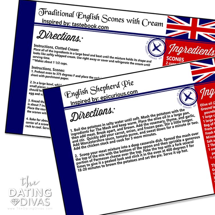 England Themed Date Recipe Cards