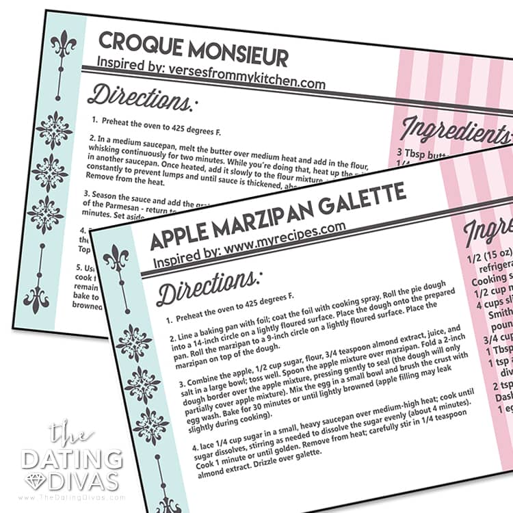 France Themed Date Recipe Cards