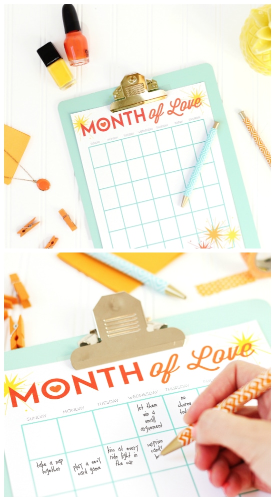 Blank Month of Love Calendar for how to rekindle a relationship