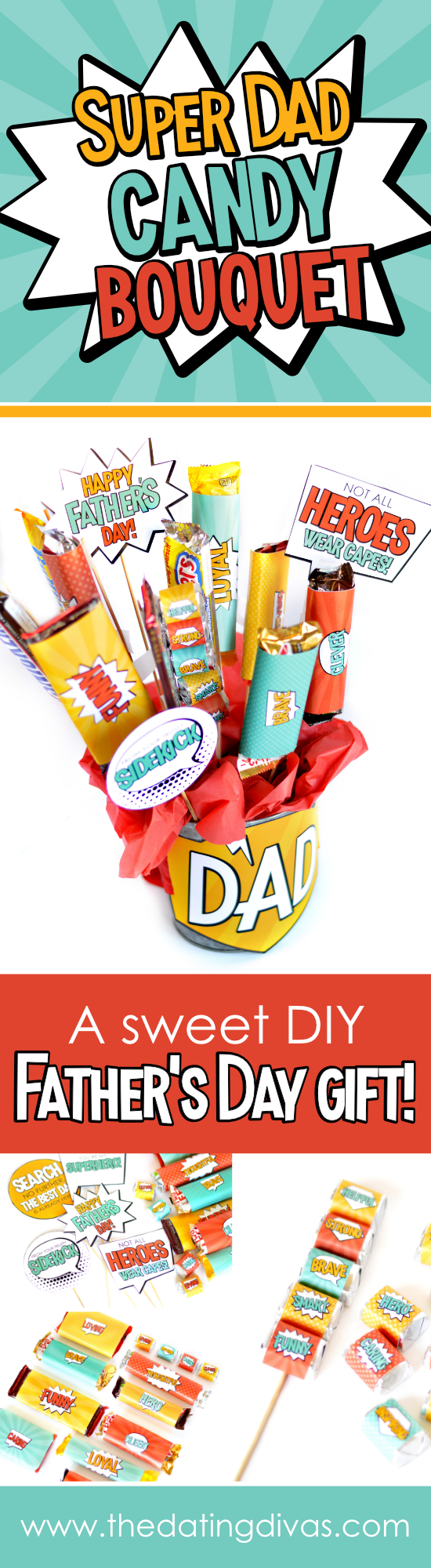 Stop desperately searching for a thoughtful Father's Day gift and give a homemade Father's Day gift that he's sure to love. Get everything you need to make a candy bar gift basket bouquet that's filled with his favorite treats and kind words that describe him as a dad, making it delicious and meaningful! #superherofathersday #superdad #candybouquet #fathersdaygift #giftbasketsformen
