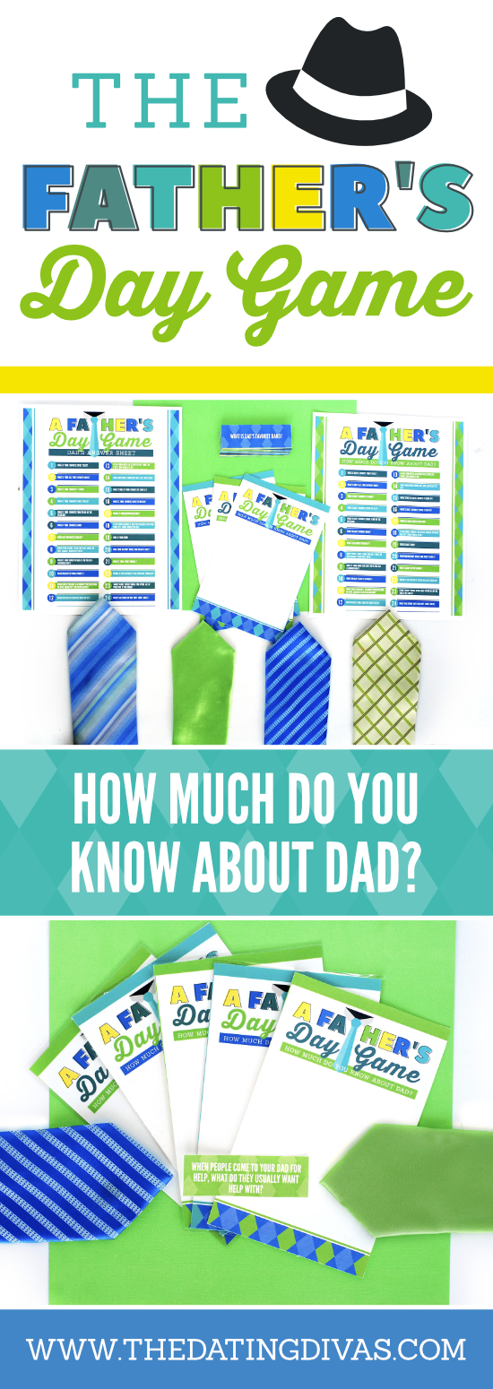 Looking for fun Father's Day Activities and Father's Day Game? This is a fun Father's Day Idea with get-to-know-you questions about dad! It is a fun twist on the Newlywed Game where your family members will all try to answer get to know you questions about dad and see if they can guess how dad will answer! #fathersday #fathersdaygame #fathersdayidea #datingdivas