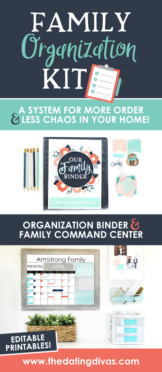 Loaded with family organization ideas and, most importantly, resources to customize your own family command center. The Family organization kit includes editable binder pages for a customized family home management binder plus dozens of calendar options to download for a completely personalized family command center. #commandcenter #familyorganizationideas #familycommandcenter #commandcenterideas #organizationideas #datingdivas 