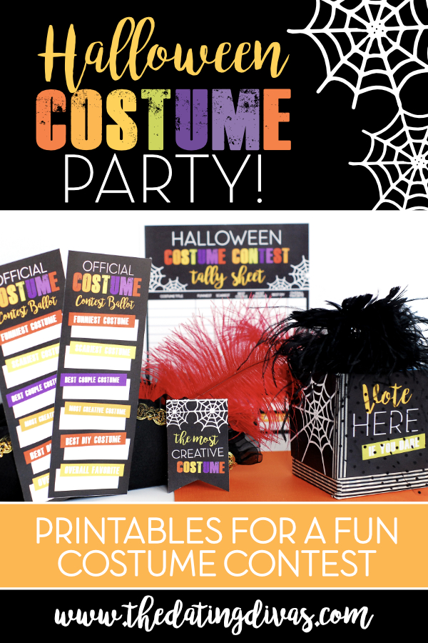 Halloween costume party printables to host a thrilling Halloween party with all of your friends! We have a free printable download for everything you need for a fun costume contest plus a digital invitation to make party planning easy. #CostumeContest #CostumeParty #HalloweenIdeas #DatingDivas