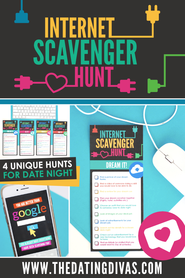 The game includes four different printable task cards for a fun internet scavenger geared at getting to know your spouse better! #datingdivas #internetscavengerhunt #datenightathome