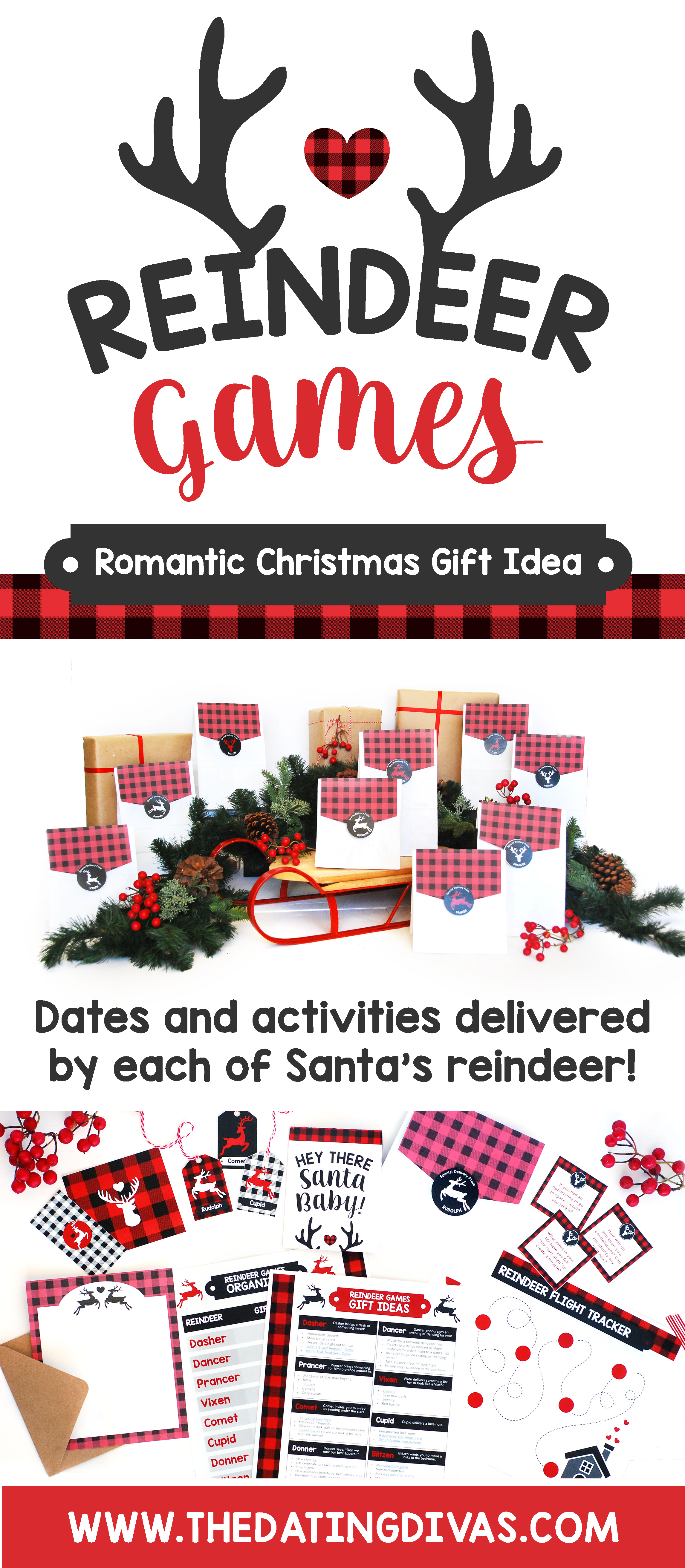 Reindeer Games Christmas Gifts Ideas: Finding romantic Christmas gift ideas for your spouse can be tricky, but we have everything you need for a memorable and magical Christmas holiday with these Reindeer Games! Each of Santa's nine reindeer bring special deliveries in the form of customized Christmas date nights and Christmas gifts for your sweetheart! #ChristmasGifts #ChristmasDate #ReindeerGames #Dating Divas