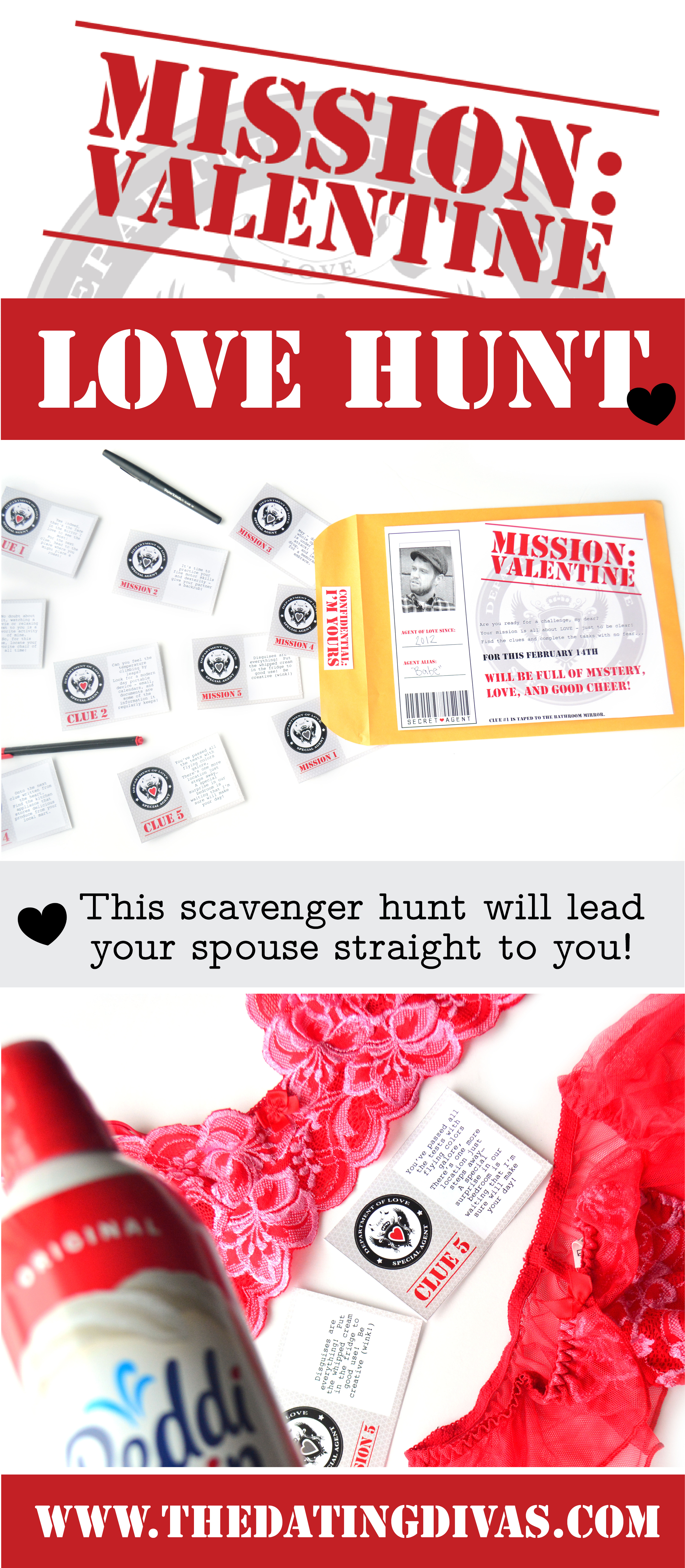 Mission: Valentine Scavenger Hunt, a romantic scavenger hunt for adults! My husband loves a good spy theme - can't wait to use this Valentine scavenger hunt! #ValentineScavengerHunt #MissionValentine