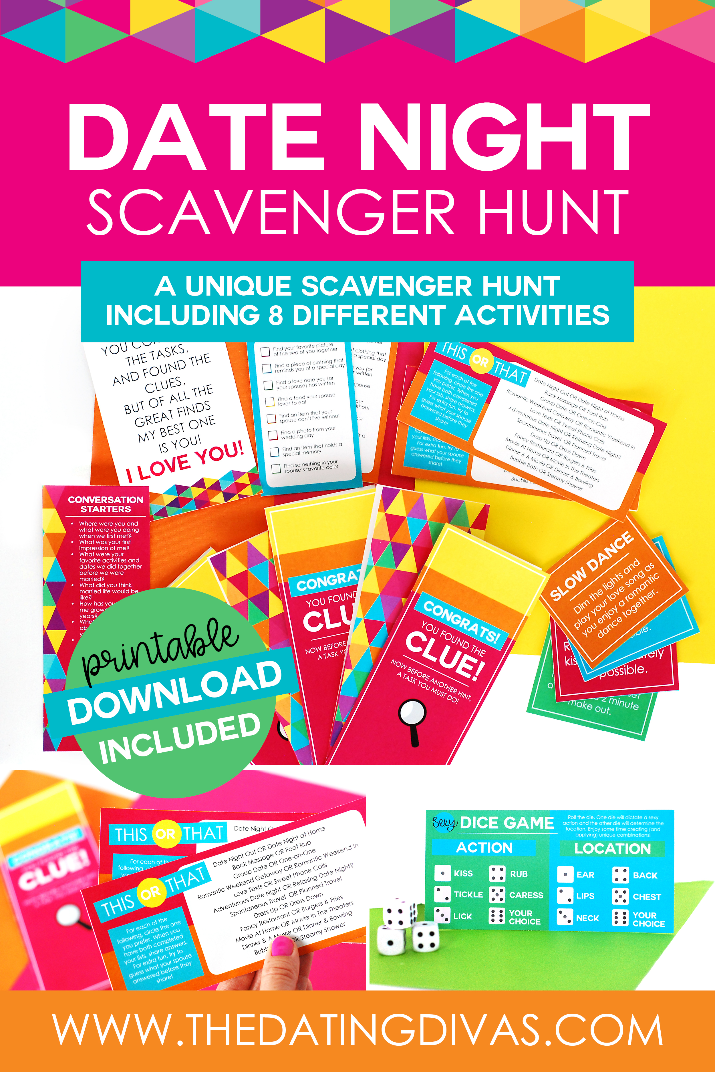 A unique scavenger hunt for your next date night! In this scavenger hunt date night, flexible clues lead to envelopes with unique and fun date night activities! Do the activity together before moving on to the next clue. Eight printable activities included in the download. #datenight #scavengerhuntprintables #scavengerhuntdatenight #scavengerhunt