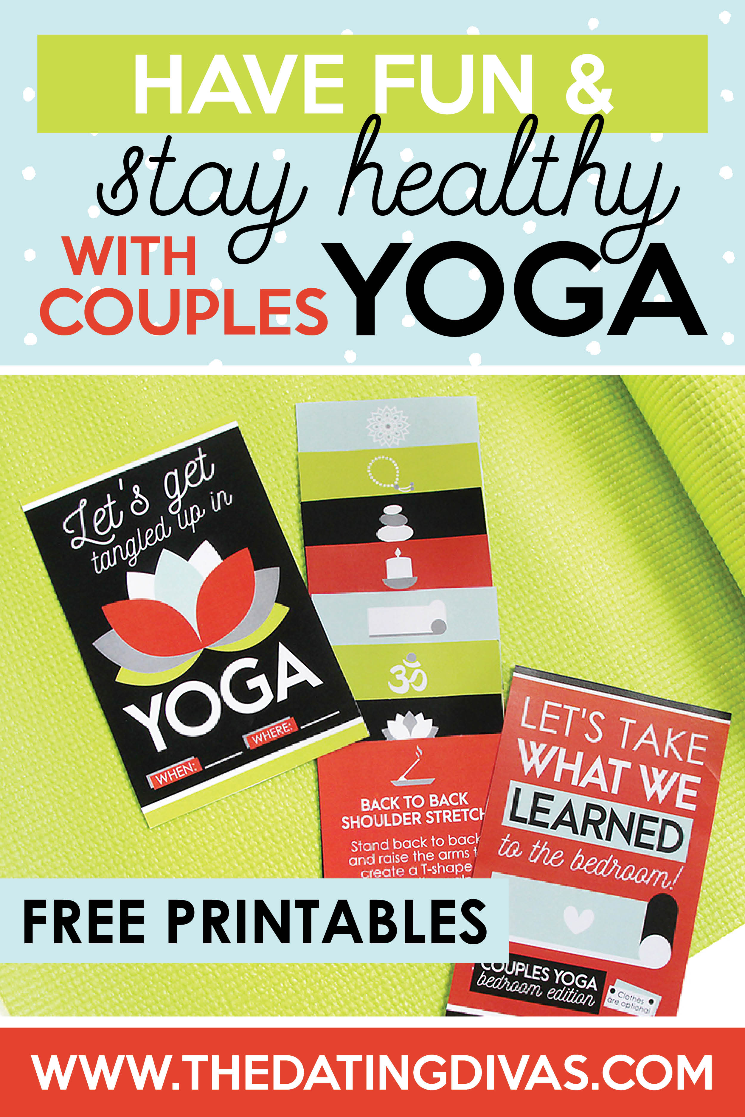 A fun and unique way to stay healthy while keeping the intimacy alive doing couples yoga! Included are cute invites and yoga poses for 2. #couplesyoga #yogadatenight