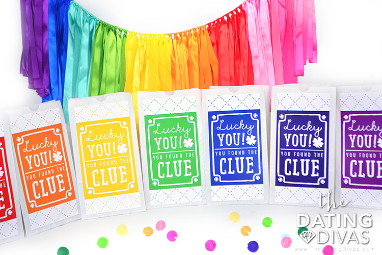 Colorful Clue Bags for a St. Patrick's Day Scavenger Hunt.