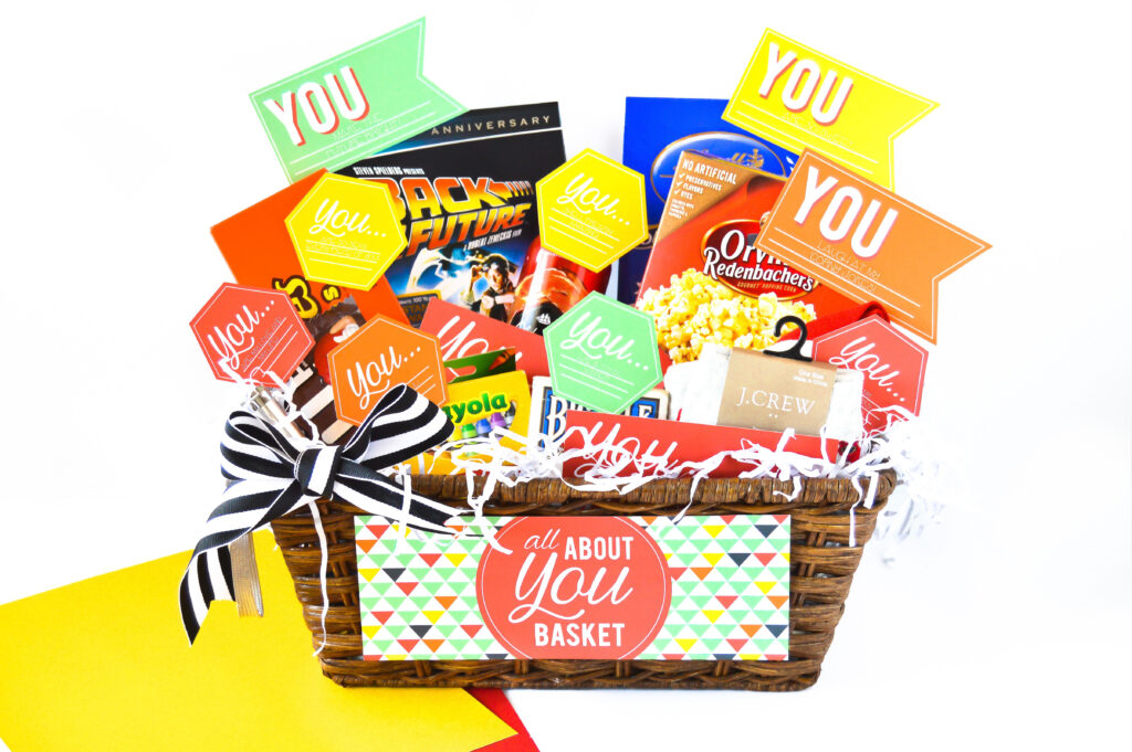 An All About You basket that's filled with anniversary gifts for him. | The Dating Divas