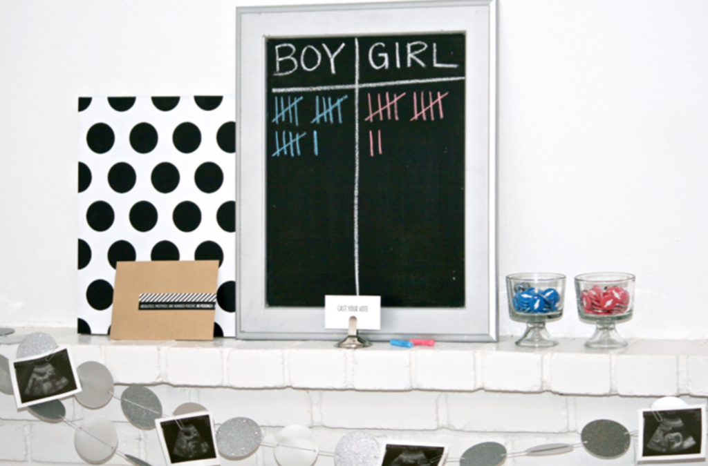 Chalkboard vote on the gender at the gender announcement party. | The Dating Divas