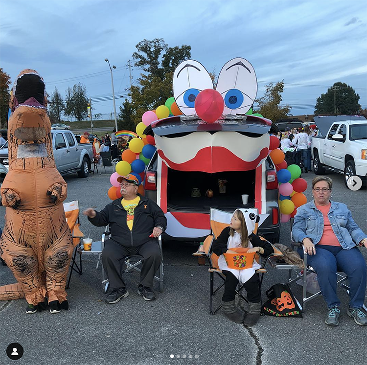 A trunk decorated as a large mouth of a circus clown. The trunk is the mouth of the clown. This is a very popular and easy trunk or treat idea. | The Dating Divas