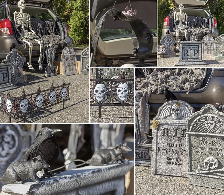 A car trunk decorated for a trunk or treat. It has very various tombstones and skeleton. This is a fun idea for a scary trunk or treat theme | The Dating Divas