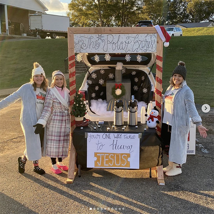 A trunk decorated as the train from "The Polar Express" book and movie. The sign says "your one-way ticket to heaven is Jesus". This is a fun trunk or treat theme for a church trunk or treat. | The Dating Divas