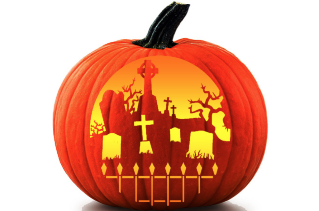 Graveyard pumpkin pattern for Halloween carving ideas. | The Dating Divas