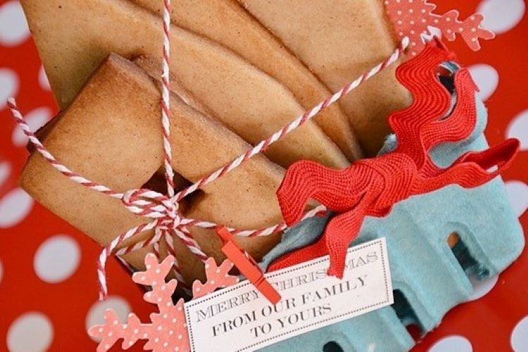 Gingerbread house pieces wrapped together with string and a gift tag | The Dating Divas