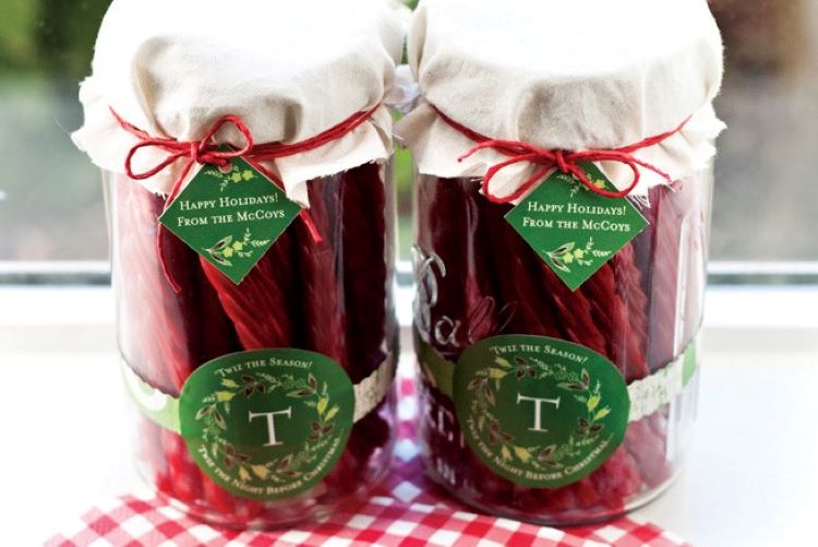 A couple of jars filled with Twizzlers for a Christmas gift idea | The Dating Divas