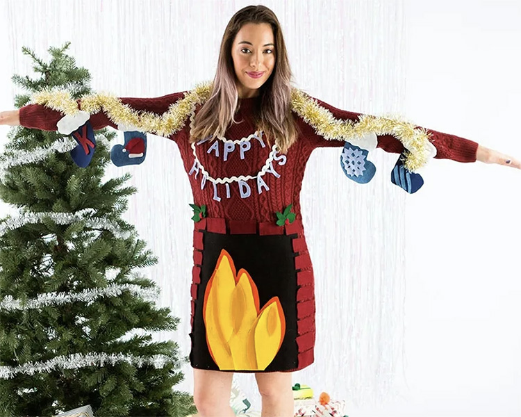 DIY Fireplace Ugly Sweater Dress That Uses Your Arms as the Mantel for Stockings | The Dating Divas