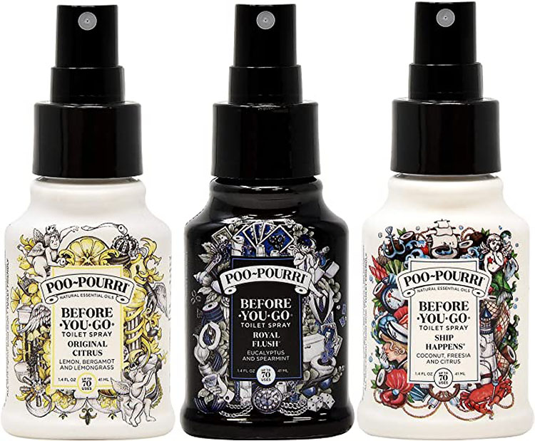 Three bottles of Poo-Pourri, an air freshener for when you poop - a useful white elephant gift idea | The Dating Divas