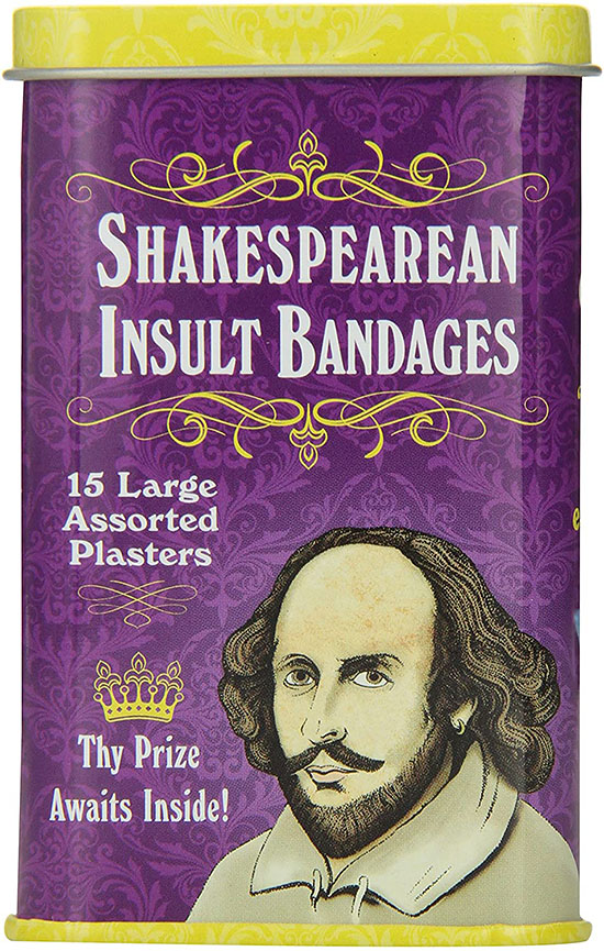 Box of band-aids with Shakespearean sayings - a funny white elephant gift | The Dating Divas 