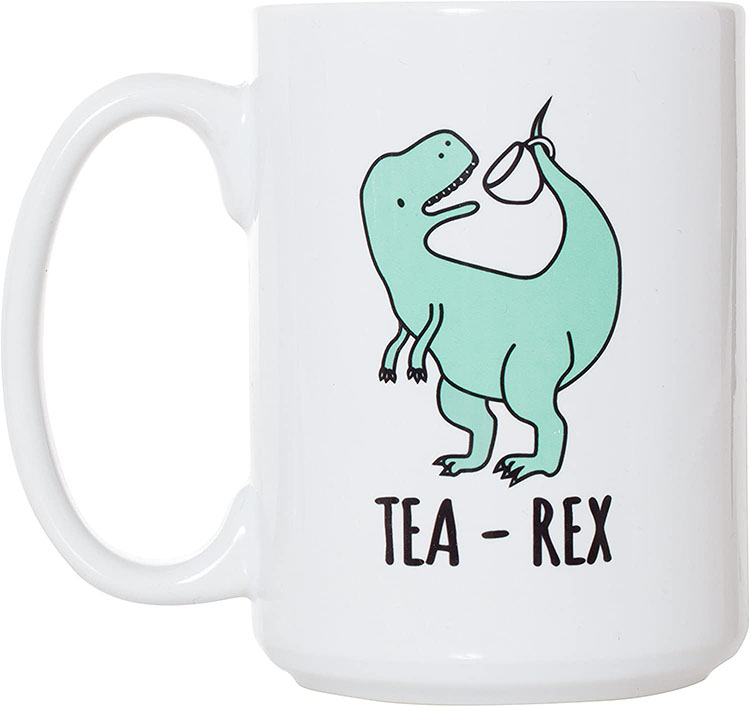 A coffee mug with a dinosaur picture on it and the words "Tea-Rex" - a useful white elephant gift idea | The Dating Divas