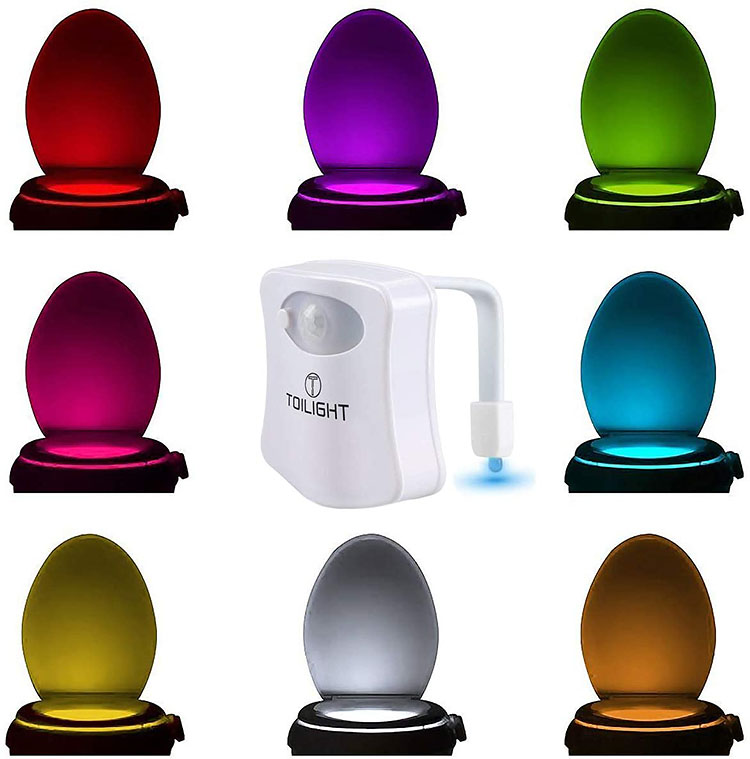 Toilet seat nightlight display showcasing the different colors | The Dating Divas 