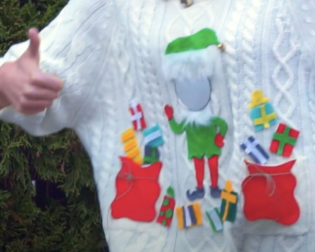 DIY Ugly Sweater Idea for Elf-Themed Sweater with Presents | The Dating Divas