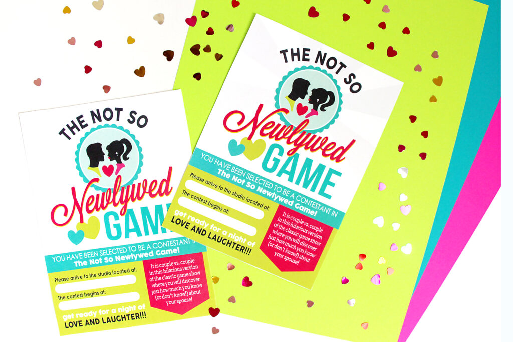 Bright colored invitations for a couples game night with confetti hearts all around | The Dating Divas