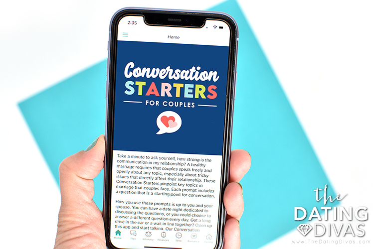 Phone screen displaying a conversation starter app for couples. | The Dating Divas 