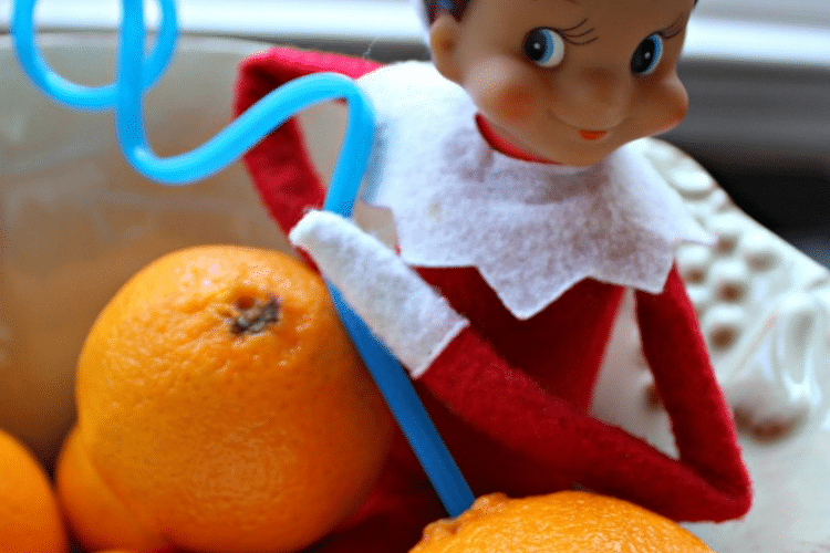 Elf on the pokes hole in orange with crazy straw to drink orange juice | The Dating Divas