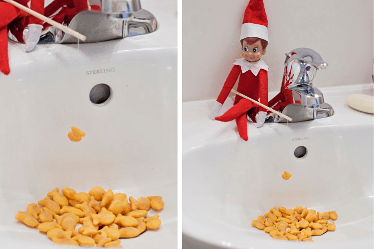 Elf on the shelf fishing in the sink for goldfish crackers | The Dating Divas