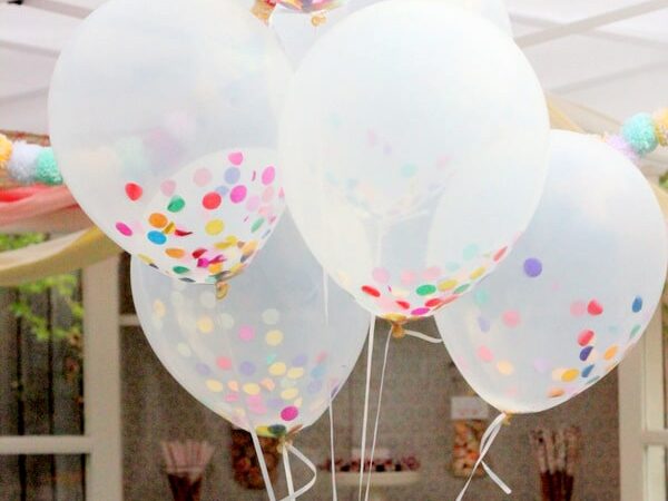 Confetti added into see-through balloons for a colorful birthday decoration idea | The Dating Divas