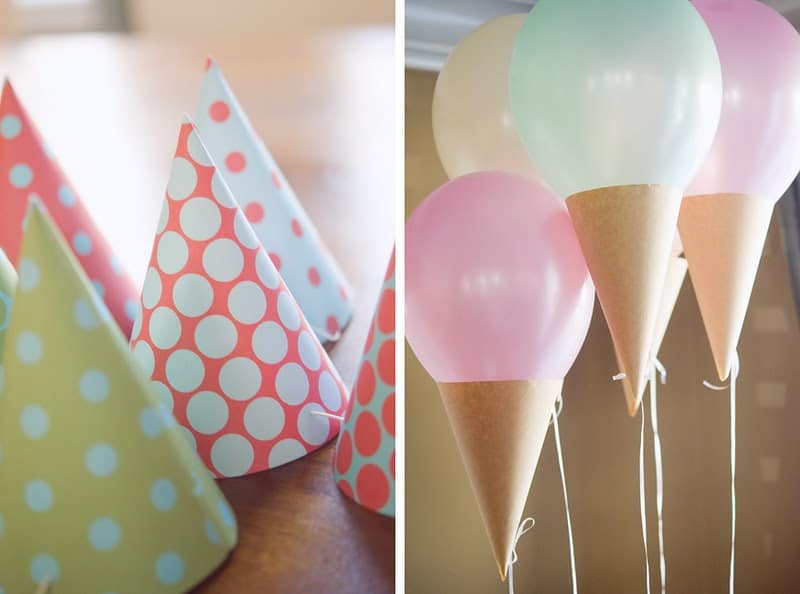 Cones attached to the bottom of balloons at a birthday party so they look like ice cream cones | The Dating Divas
