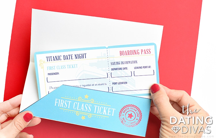 A boarding pass invitation inside an envelope for a Titanic date night. | The Dating Divas