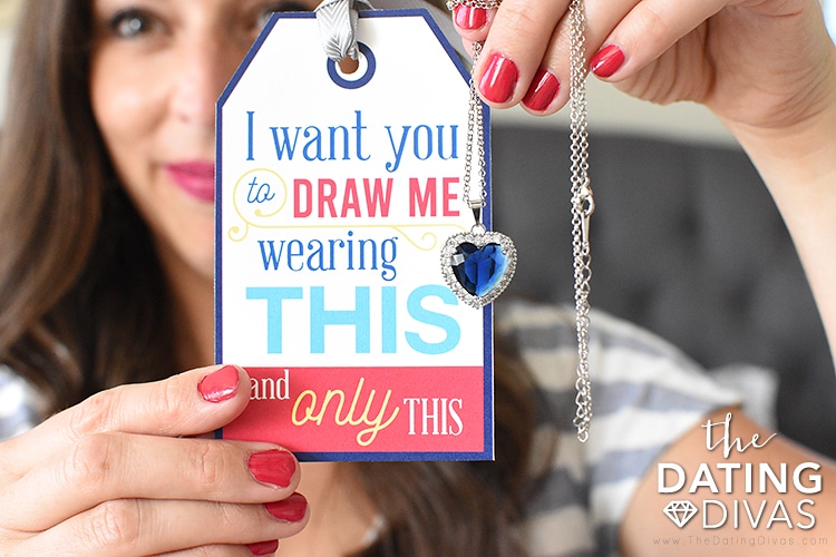 A printable gift tag for a Titanic date. The tag gives instruction to draw their spouse wearing only a necklace. | The Dating Divas