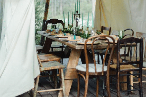 Camping Bridal Shower set up in tent | The Dating Divas
