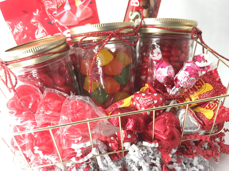 Red-themed DIY candy gift basket for cute Valentine's Day gifts | The Dating Divas