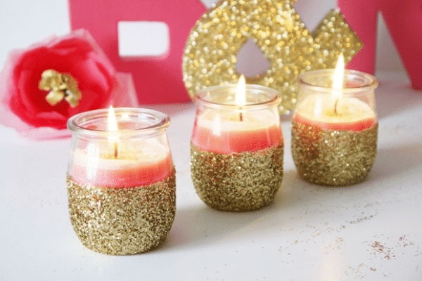 Coral pink candles dipped in glitter | The Dating Divas