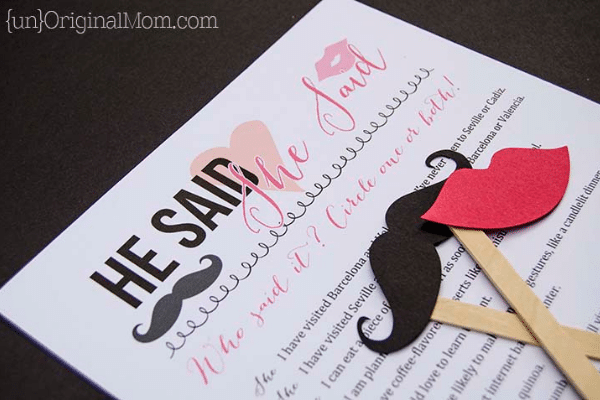 He said, she said bridal shower game with cut-out mustache and lips | The Dating Divas