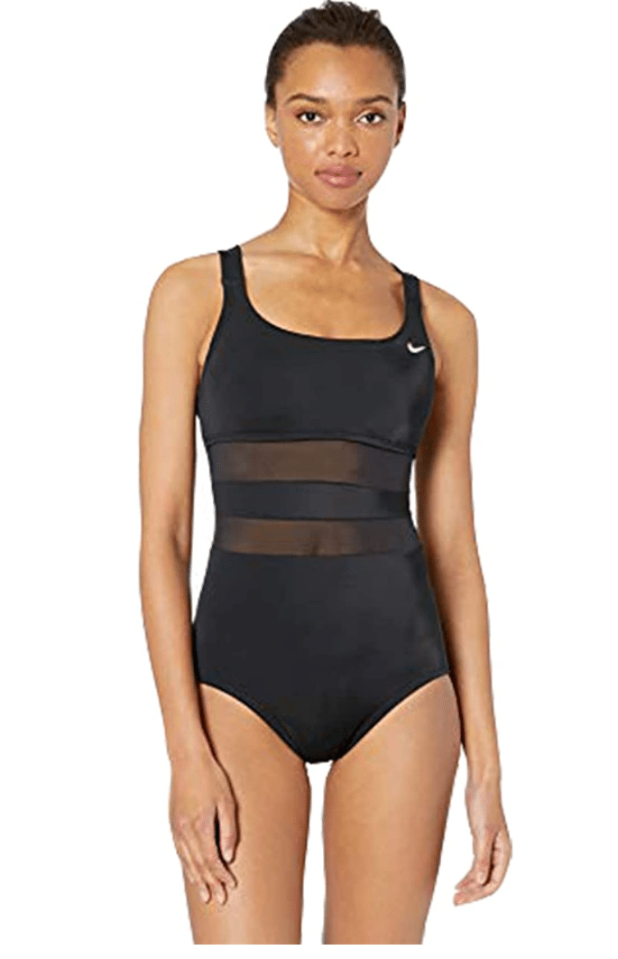 Modest swimwear with a mesh panel and square neckline | The Dating Divas