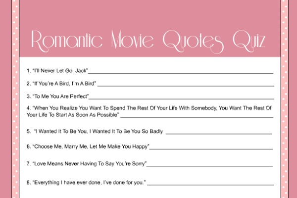 Name that romantic movie quote bridal shower game in pink | The Dating Divas