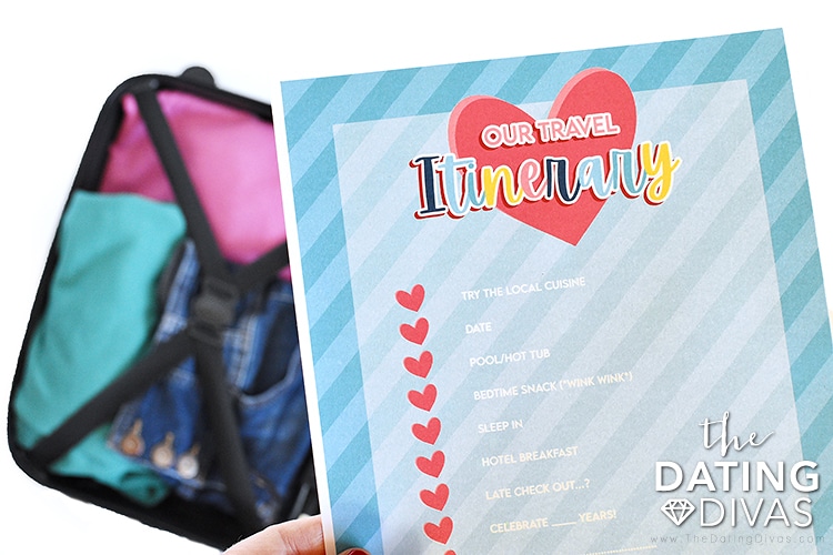 Our free printable travel itinerary has everything you need for a romantic hotel anniversary getaway date | The Dating Divas