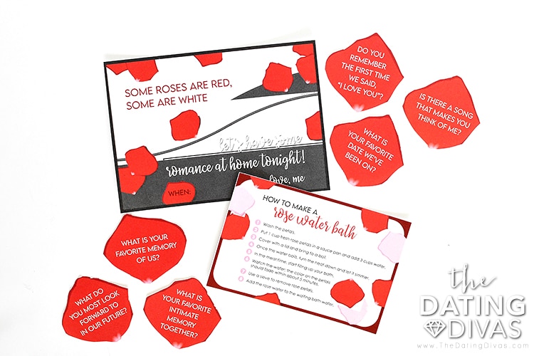 Free printable date night invite with recipe card and questions for a romantic date night with rose petals | The Dating Divas