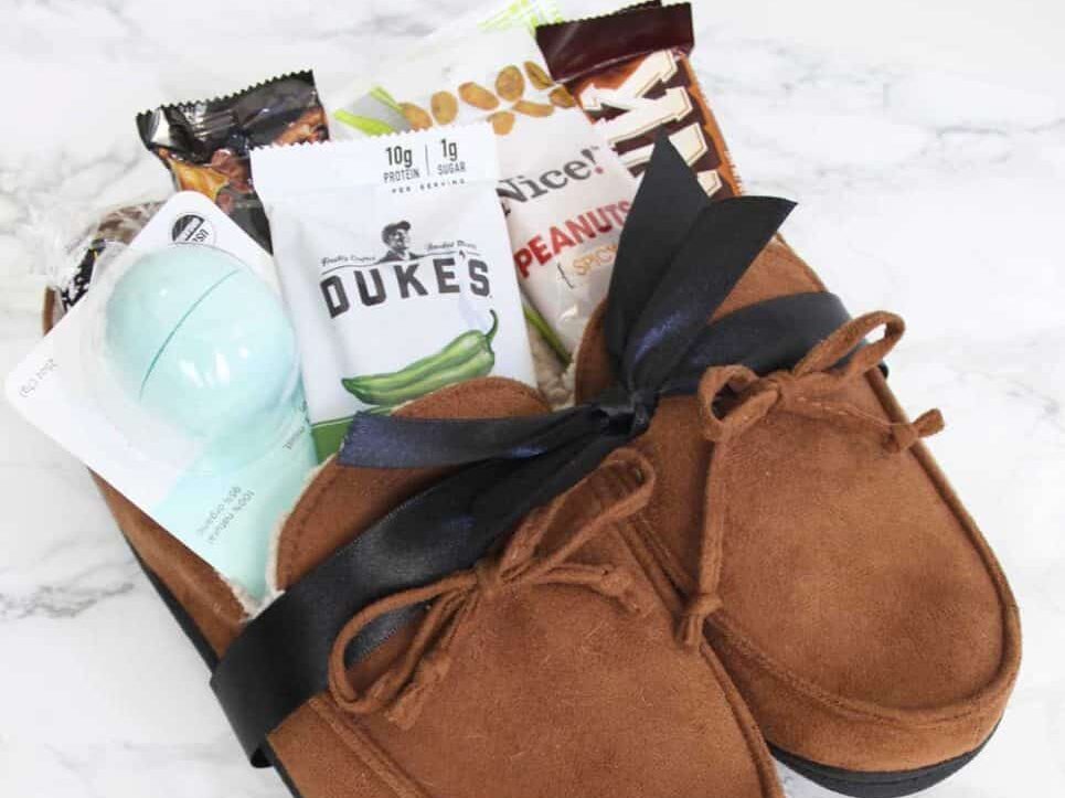 Gift basket for men idea: slippers full of treats  | The Dating Divas