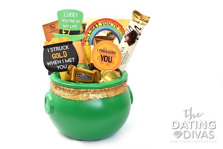 St, Patrick's Day gift basket that is for your spouse. It's a  pot of gold gift with tags | The Dating Divas